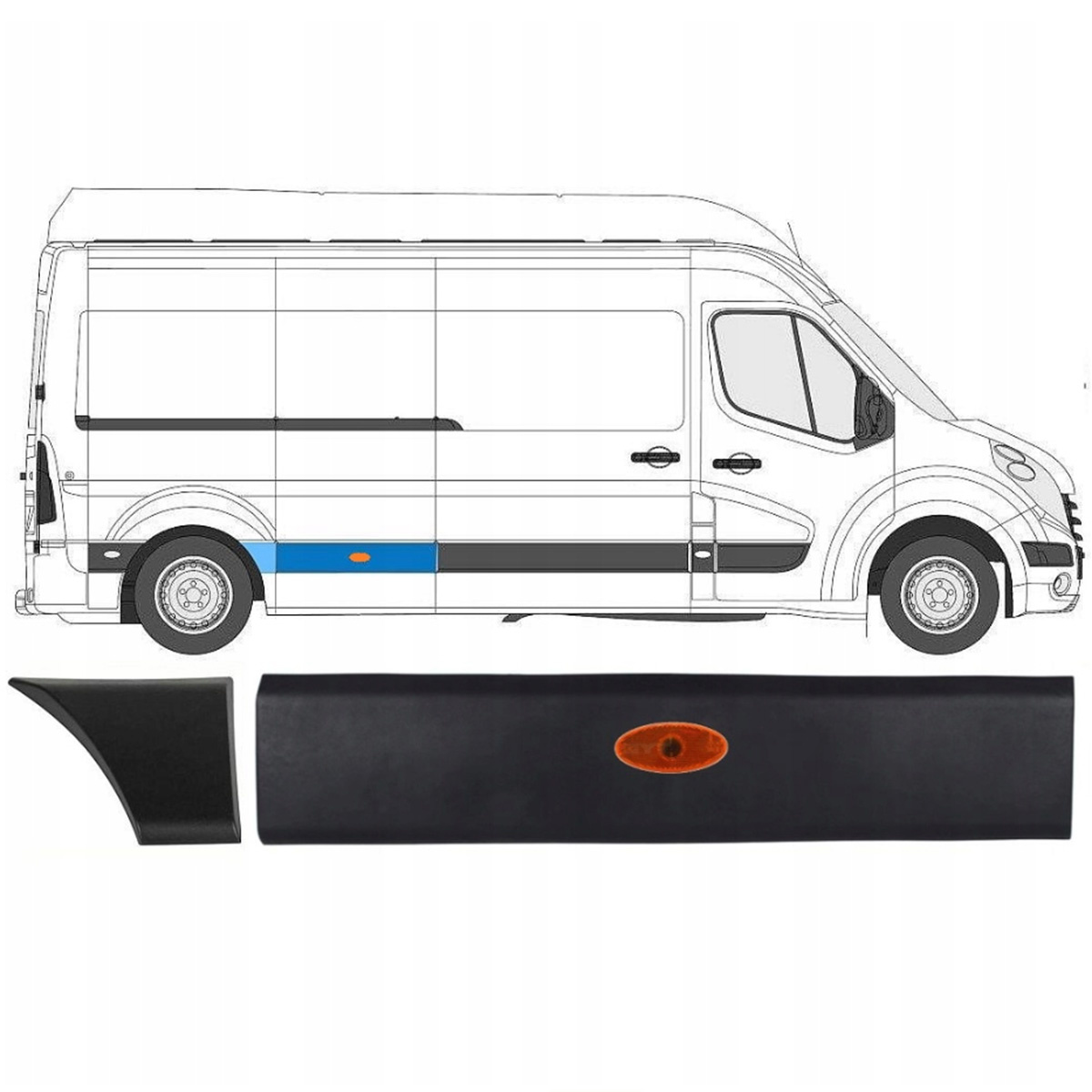 Nissan NV400 LONG MAX 2011- listwa boczna ZA DRZWIAMI PRZESUWNYMI z miejscem na OBRYSÓWKĘ + listwa boczna PRZED tylnym kołem prawa + lampka boczna obrysowa 3 szt. KPL