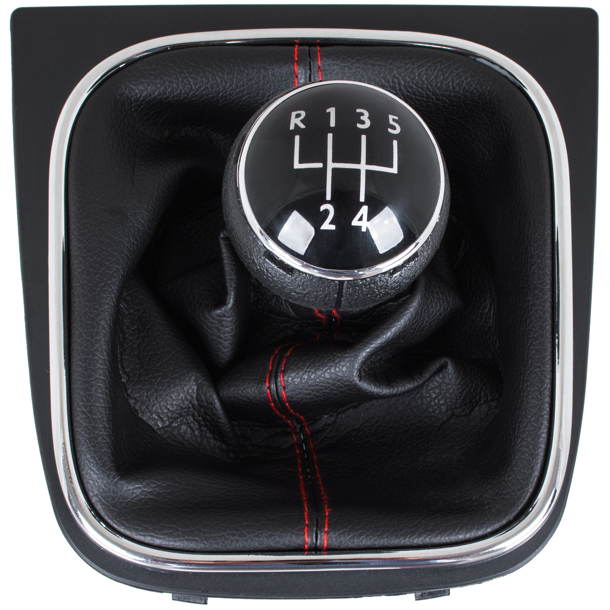 VW Golf V 03-08 gałka zmiany biegów + CZARNY mieszek z CZERWONĄ nitką i ramką CHROM 5 BIEGÓW