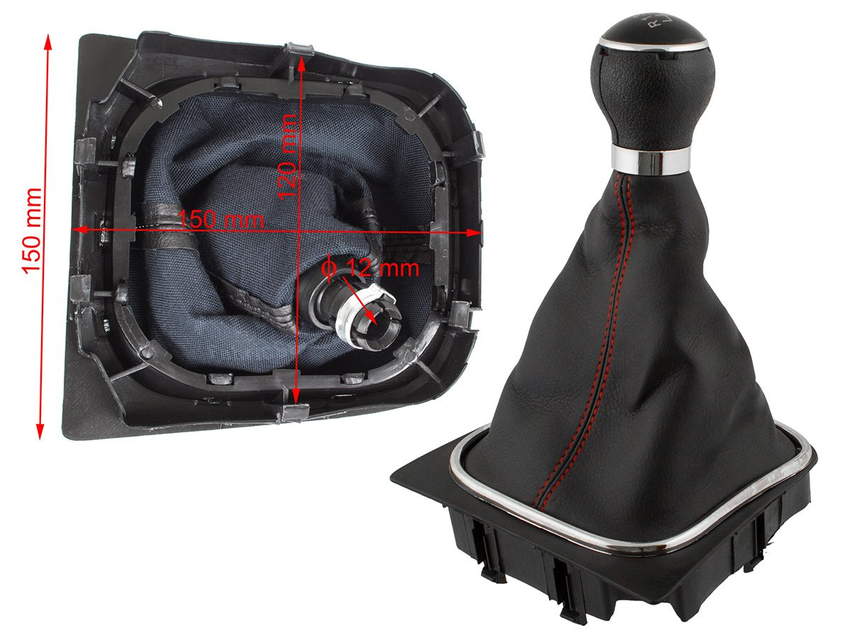 VW Golf V 03-08 gałka zmiany biegów + CZARNY mieszek z CZERWONĄ nitką i ramką CHROM 6 BIEGÓW