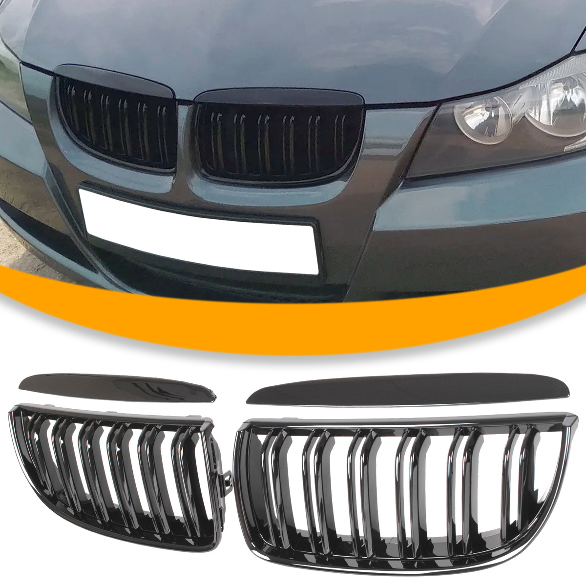 BMW 3 E90 / E91 04-09 SEDAN / KOMBI atrapy między reflektory (nerki) lewa + prawa kpl. BLACK GLOSSY DOUBLE BAR WYGIĘTE ŻEBERKA